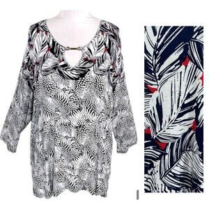 Tunic Top Size 3X Navy Blue & White Palm Leaves Curvy NWOT